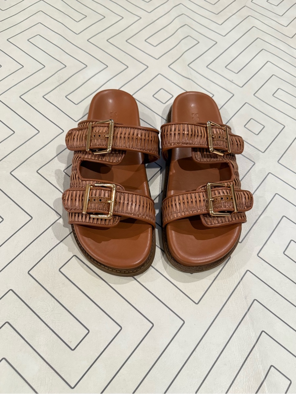 Schutz Brown Woven Buckle Slide Sandals